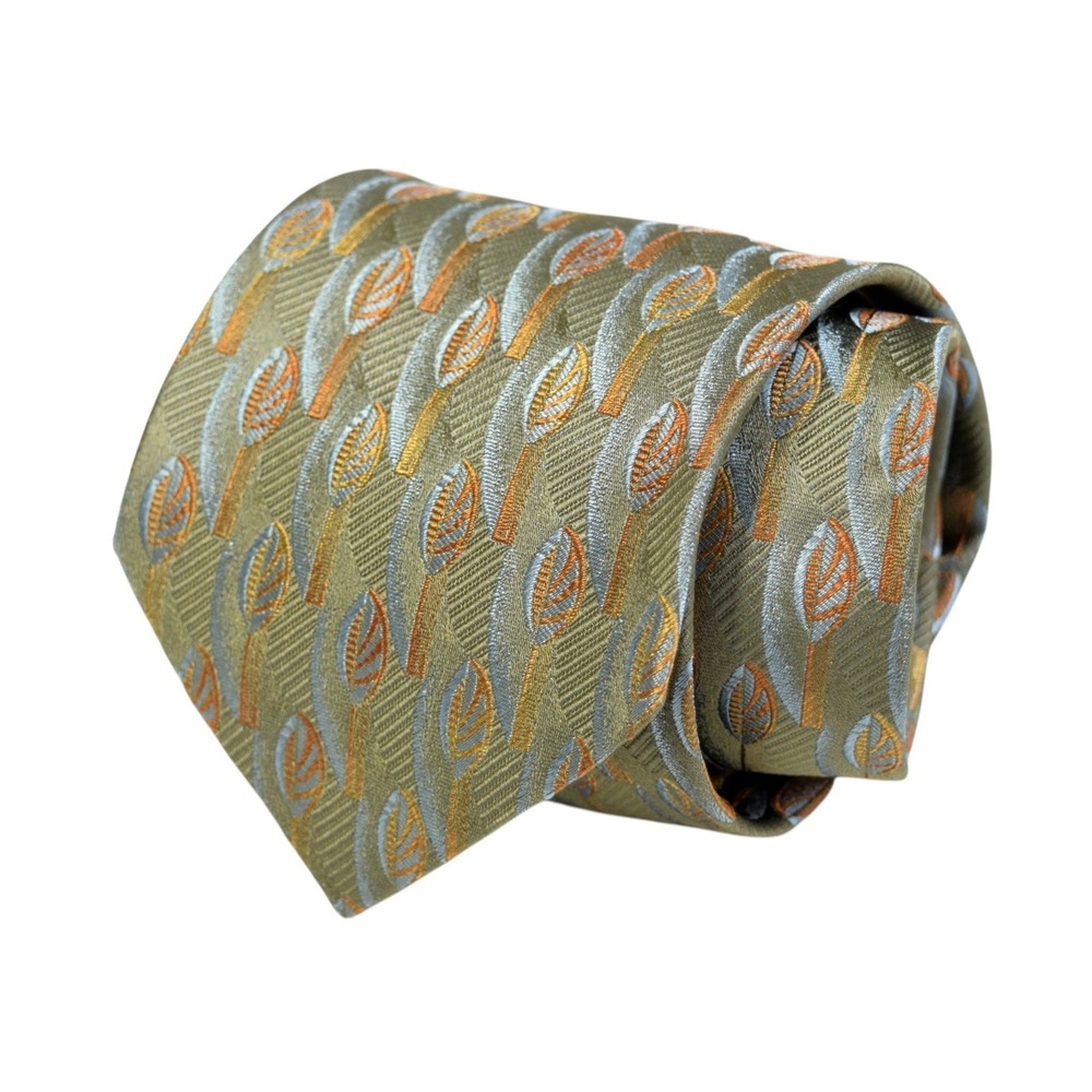 Villa Bolgheri Mens 100% Silk Tie Green Gold Geometric Leaf - Made in Italy